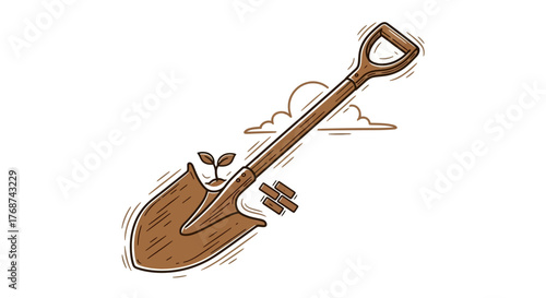 A shovel is used to plant a seedling, representing growth and new beginnings.