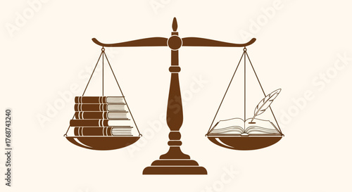 A scale balances a stack of books against an open book with a quill pen