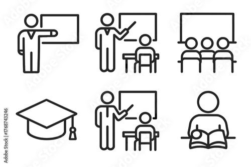 Education icons: classroom, teaching, graduation, learning concepts illustrated