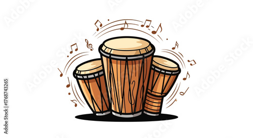 Three wooden drums are depicted with musical notes swirling around them.