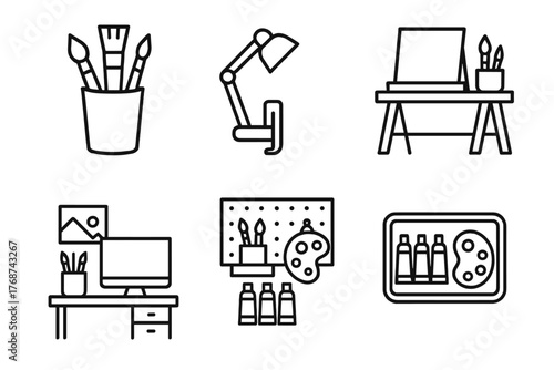 Art supplies and workspace icons: brushes easel desk lamp palette digital setup