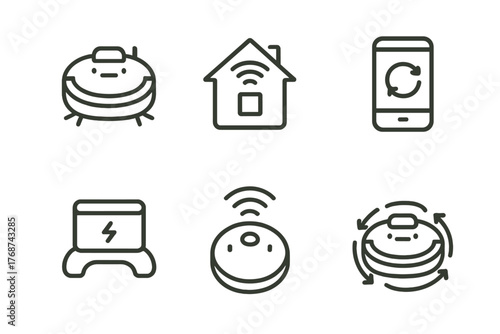 Smart home gadgets: robot vacuum, smart home icon, smartphone update, charging dock, wifi hub, automation