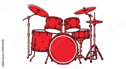A full red drum kit is depicted against a white background.