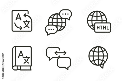 Language and communication icon set: translation, chat, html, globe, speech bubbles