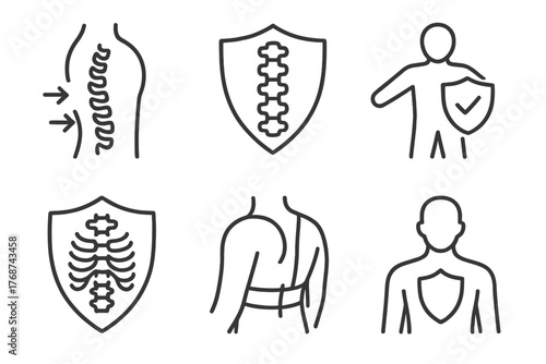 Spine health icons: protection, support, and posture elements in black and white line art