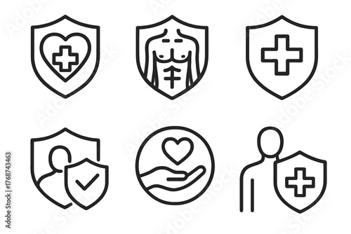 Health and wellness icon set featuring heart, muscle, and medical symbols