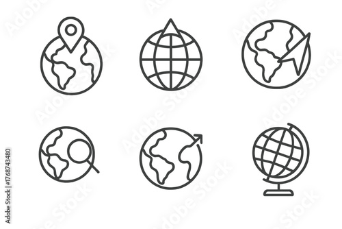 Set of globe icons featuring map markers and arrows for navigation design