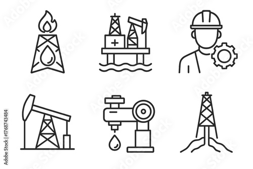 Oil industry icons: rigs, equipment, and engineer illustrations