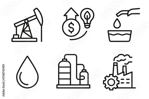 Oil industry icons set: extraction, economy, innovation, and industrial elements