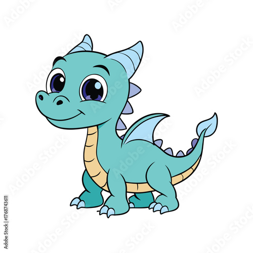 A cute green baby dinosaur or dino monster illustration vector character with a funny smile is a popular animal cartoon on stock photos websites