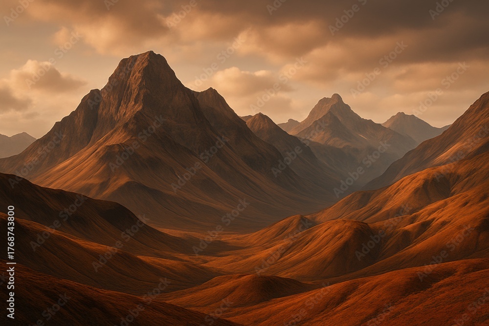 Naklejka premium Majestic Mountain Landscape with Warm Tones and Dramatic Skies