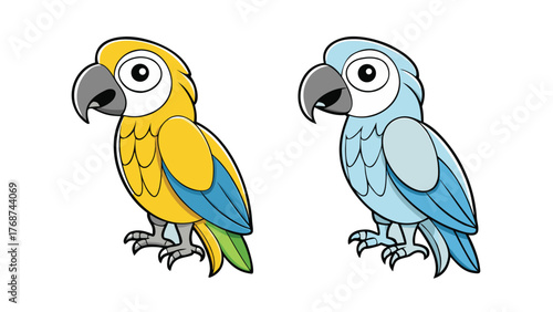 A cute vector illustration of two blue and yellow macaw parrots on a white background, perfect for tropical exotic bird art