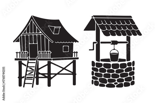 Rustic wooden house on stilts and old stone well