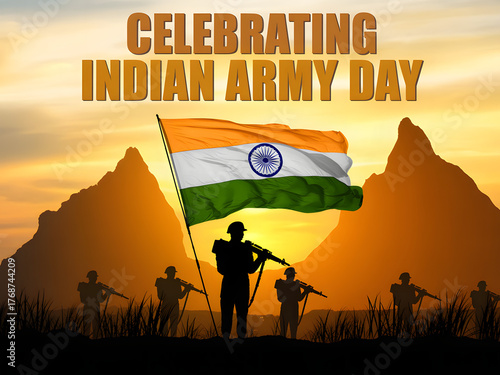 indian army day celebration with flag and soldiers in silhouette