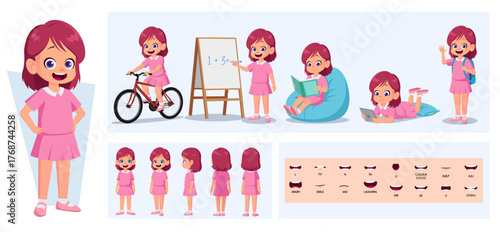 Cartoon Little Girl Character Constructor with Gestures, Emotions and Actions. Child Front, side, Back View. Movable Body Parts for Animation and Lip-Sync Vector Illustration.