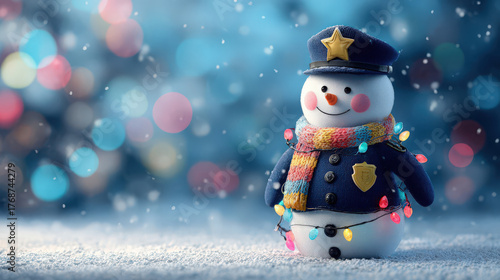 A snowman dressed as a police officer stands in a snowy landscape. The snowman has a colorful scarf and is adorned with Christmas lights.