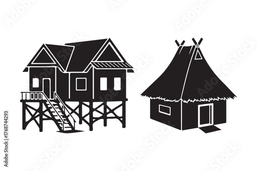 Traditional stilt house and thatched roof hut silhouettes