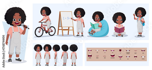 Cartoon Little Black Girl Character Creation with Gestures, Emotions and Actions. Child Front, side, Back View. Movable Body Parts for Animation and Lip-Sync Vector Illustration.