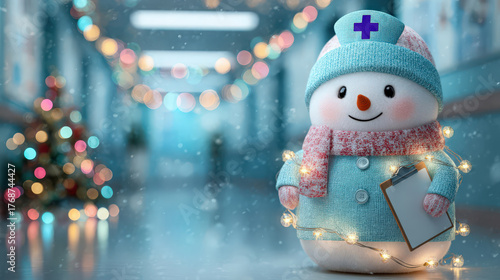 A cheerful snowman dressed as a nurse stands in a brightly lit hospital corridor. The snowman wears a blue outfit and holds a clipboard, surrounded by festive decorations.