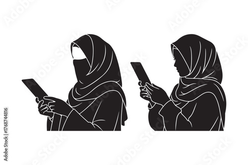 Two women in hijabs using smartphones