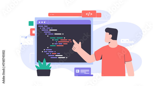 Developer points to code on a computer screen demonstrating programming and software development concept with modern flat illustration style
