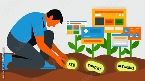 Man planting seo content and keywords in soil to grow website success and digital marketing strategy