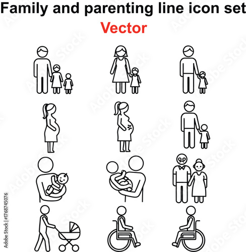 Family and parenting line icons representing diverse family structures and stages of life including pregnancy and childcare vector