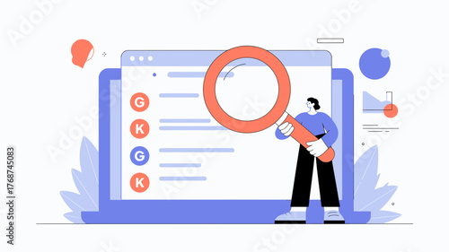 Person holding a large magnifying glass examining a digital screen with a list of items and abstract shapes suggesting data analysis and search