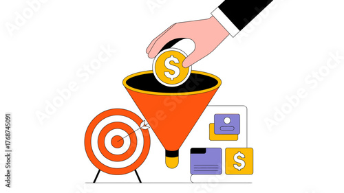 Hand dropping dollar coin into sales funnel with target and customer icons representing lead generation and revenue growth