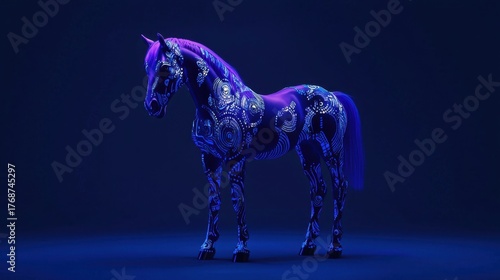 Colorful horse with intricate body art under dramatic lighting in a dark setting