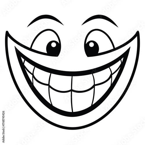 Cartoon face with wide exaggerated smile and big eyes smiling happy