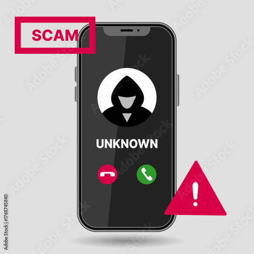 Realistic Smartphone Mockup with Unknown Call Alert and Scam Warning Screen