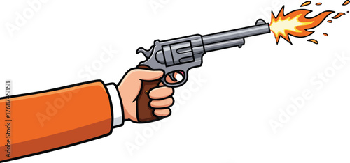 Hand holding revolver firing with orange sleeve and flame vector illustration design 