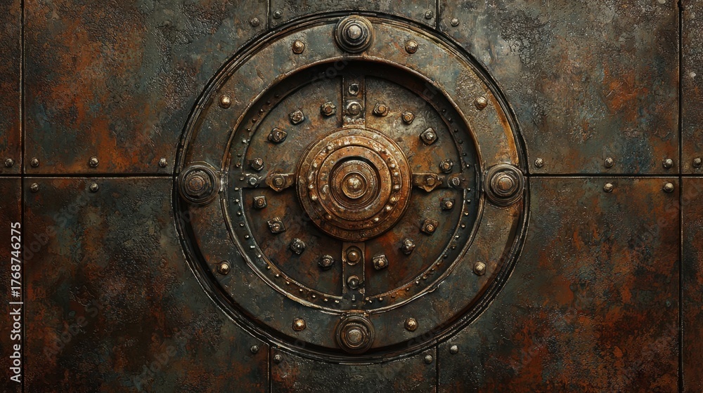 Fototapeta premium Detailed view of a vintage rusty vault door showcasing intricate metalwork and historical design elements
