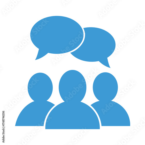 Three blue people with speech bubbles, communication, teamwork, and social interaction in a group