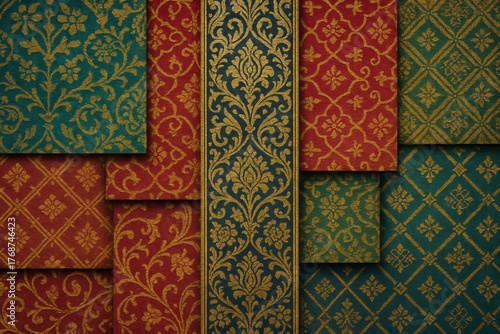 Elegant Vintage Textile Patterns in Rich Colors of Red, Green, and Gold