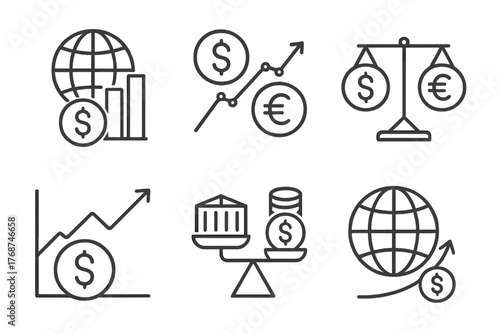 Financial growth and global economy icons featuring currency and market trends