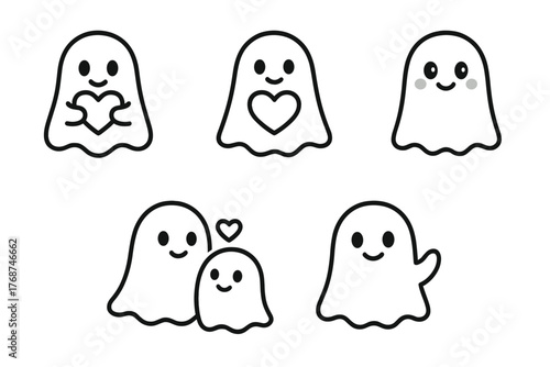 Cute cartoon ghosts with hearts and smiles in playful expressions