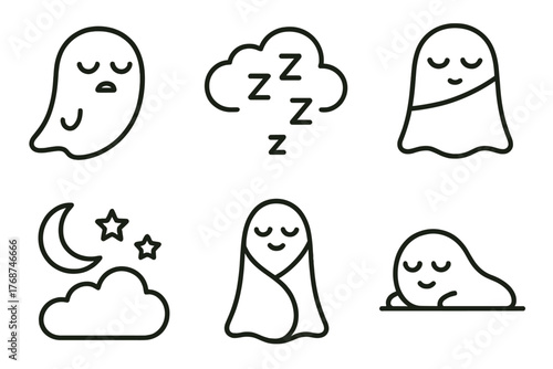 Cute ghost and cloud icons with sleepy expressions featuring zzz symbols