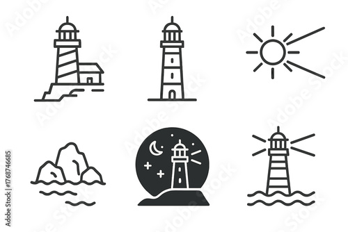 Minimalist lighthouse icons: coastal symbols, sun, moon, stars, ocean waves