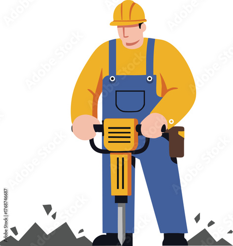 Construction worker operating jackhammer breaking concrete with protective helmet and workwear vector illustration 