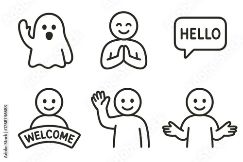 Cartoon emotion icons: ghost, greetings, and speech bubble hello