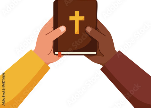 Diverse hands holding brown Bible with golden cross symbol of Christian faith and unity vector illustration 