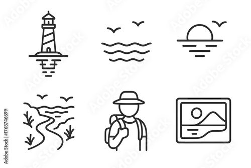 Minimalist outdoor adventure icons featuring lighthouse, sunset, hiker, river, landscape