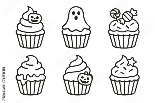 Halloween-themed cupcake designs with ghosts and pumpkins outline