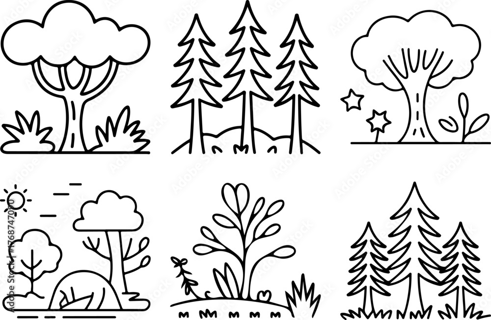 Naklejka premium Collection of Line Art Forest Elements for Design and Illustration Projects