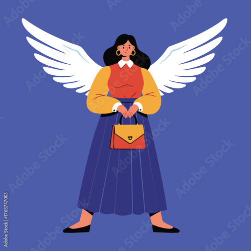 Woman with white angel wings holding handbag in colorful outfit on blue background vector illustration 