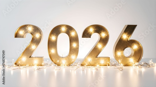 New Year banner, golden numbers 2026 with shining stars