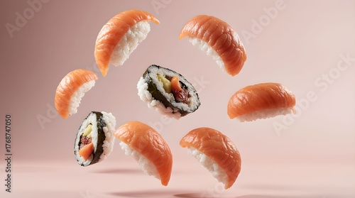 Sushi floats against a smooth, soft backdrop. Each piece is topped with a vibrant fish on rice, highlighting the culinary artistry and creativity of the presentation.