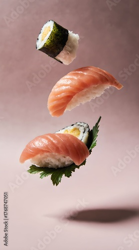 Sushi floats against a smooth, soft backdrop. Each piece is topped with a vibrant fish on rice, highlighting the culinary artistry and creativity of the presentation.